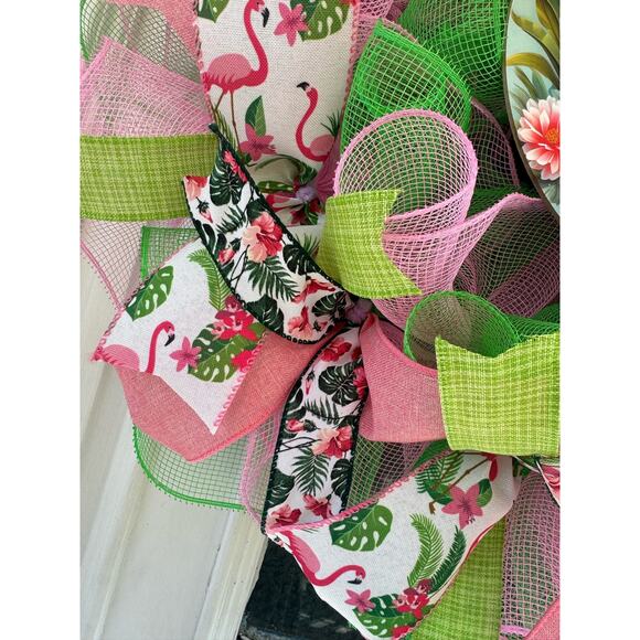 Pink Flamingo Mesh Ribbon Tropical Spring & Summer Wreath Front Door Hanger - Picture 3 of 7